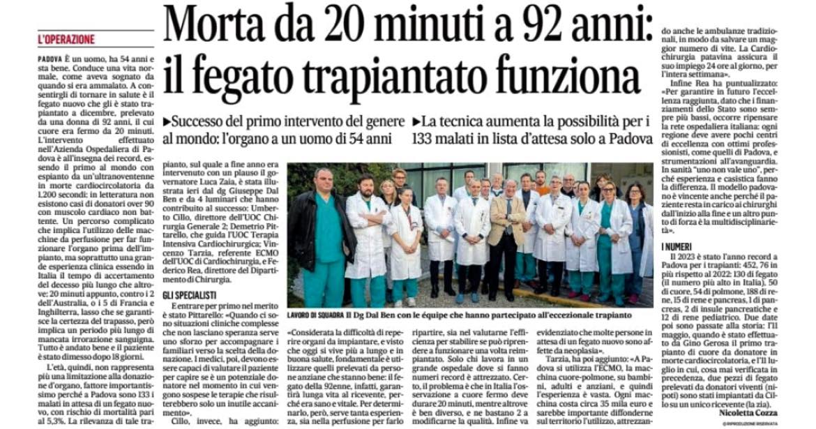 TRAPIANTO DI FEGATO DA DONATORE A CUORE NON BATTENTE DI 92 ANNI.  E’ RECORD A PADOVA